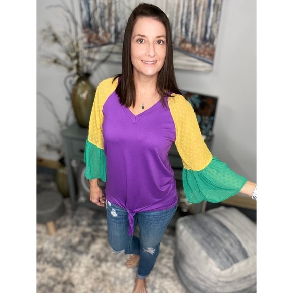 Mardi Gras Color Block Swiss Dot Flutter Bell Sleeves V Neck Tie Bottom 0724 - Picture 10 of 17